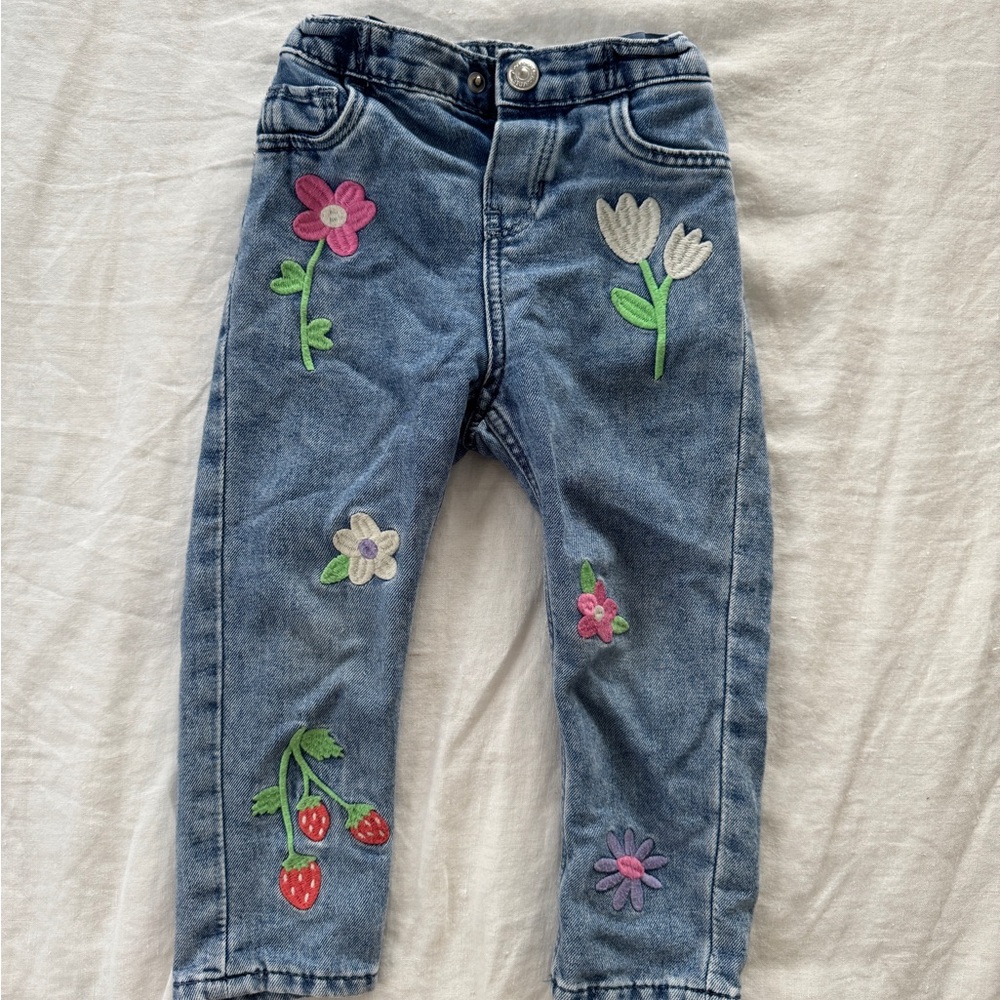 H&M Blue and Pink Floral Embroidered Jeans